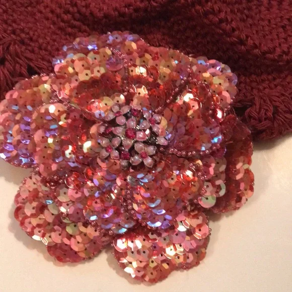 Child’s Raspberry crochet cotton beret with beautiful sequin embellishment - Picture 4 of 4